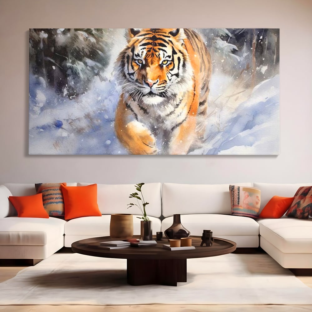 Tablou Canvas Premium, LuxCanva® M1436, Regele Furtunii de Zapada, Tigru, Iarna, Zapada, Viscol, Stanci, Salbaticie, Vanatoare, Arctic, Dinamic, Birou, Living, Camera Copil