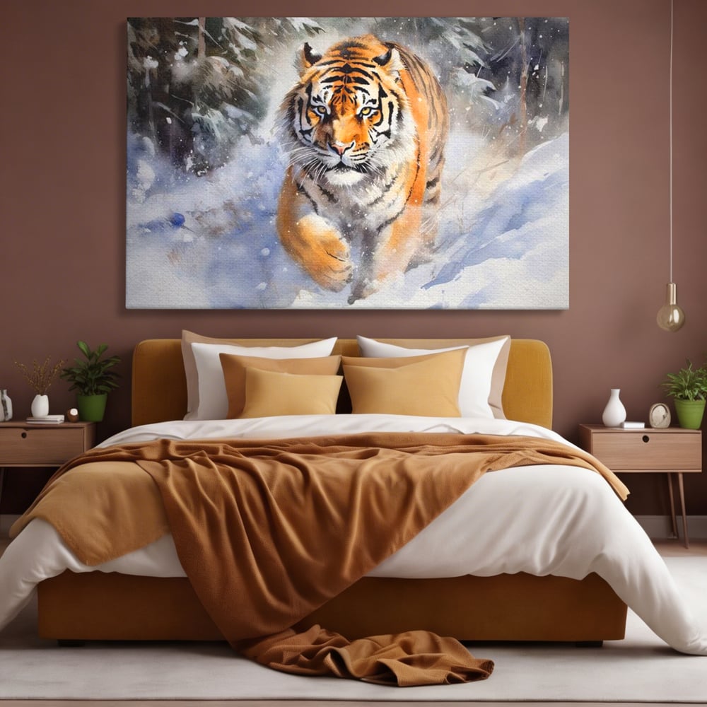 Tablou Canvas Premium, LuxCanva® M1436, Regele Furtunii de Zapada, Tigru, Iarna, Zapada, Viscol, Stanci, Salbaticie, Vanatoare, Arctic, Dinamic, Birou, Living, Camera Copil