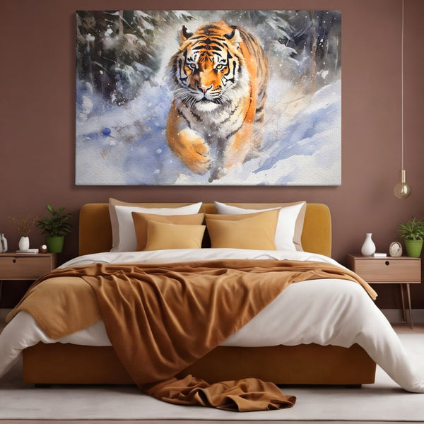 Tablou Canvas Premium, LuxCanva® M1436, Regele Furtunii de Zapada, Tigru, Iarna, Zapada, Viscol, Stanci, Salbaticie, Vanatoare, Arctic, Dinamic, Birou, Living, Camera Copil