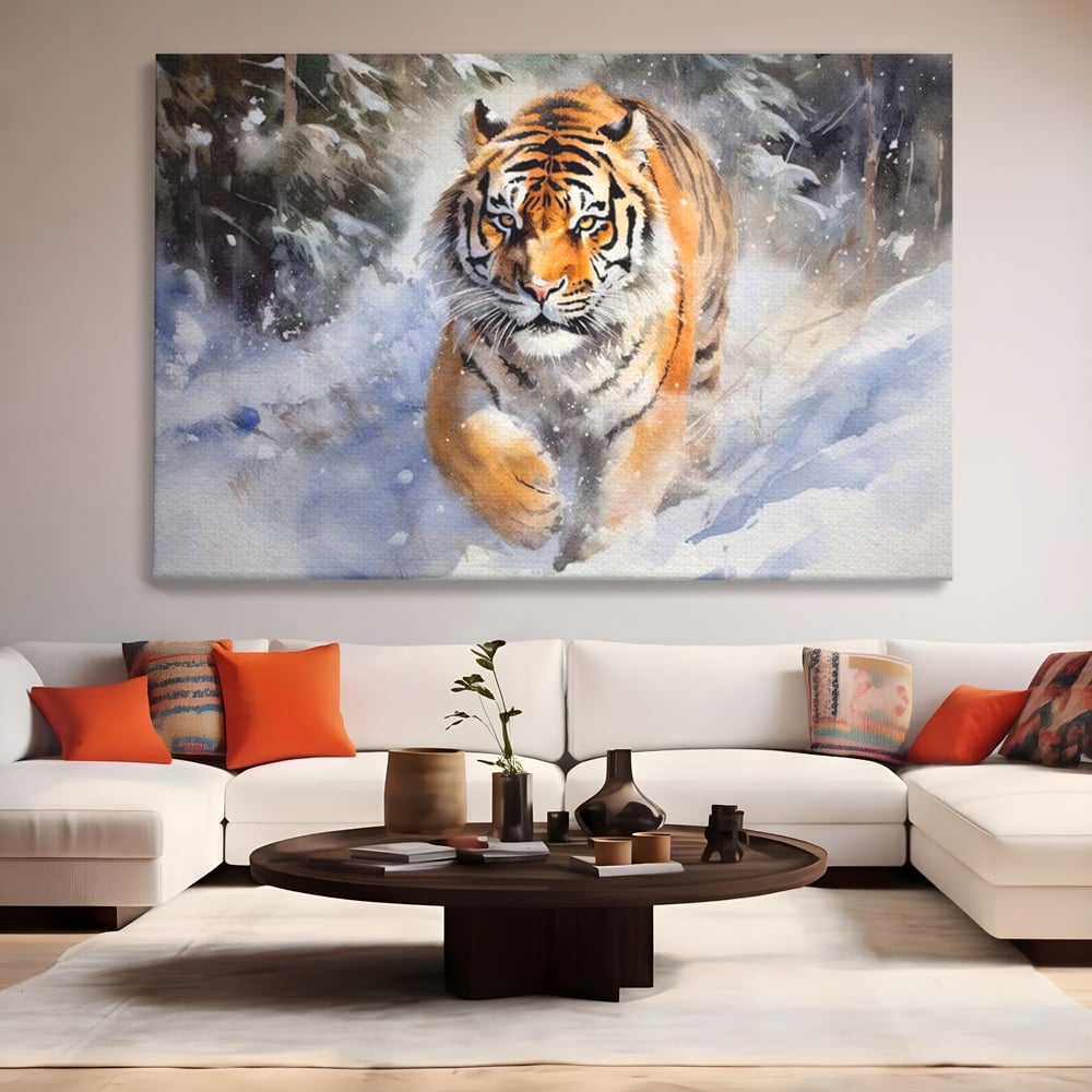 Tablou Canvas Premium, LuxCanva® M1436, Regele Furtunii de Zapada, Tigru, Iarna, Zapada, Viscol, Stanci, Salbaticie, Vanatoare, Arctic, Dinamic, Birou, Living, Camera Copil
