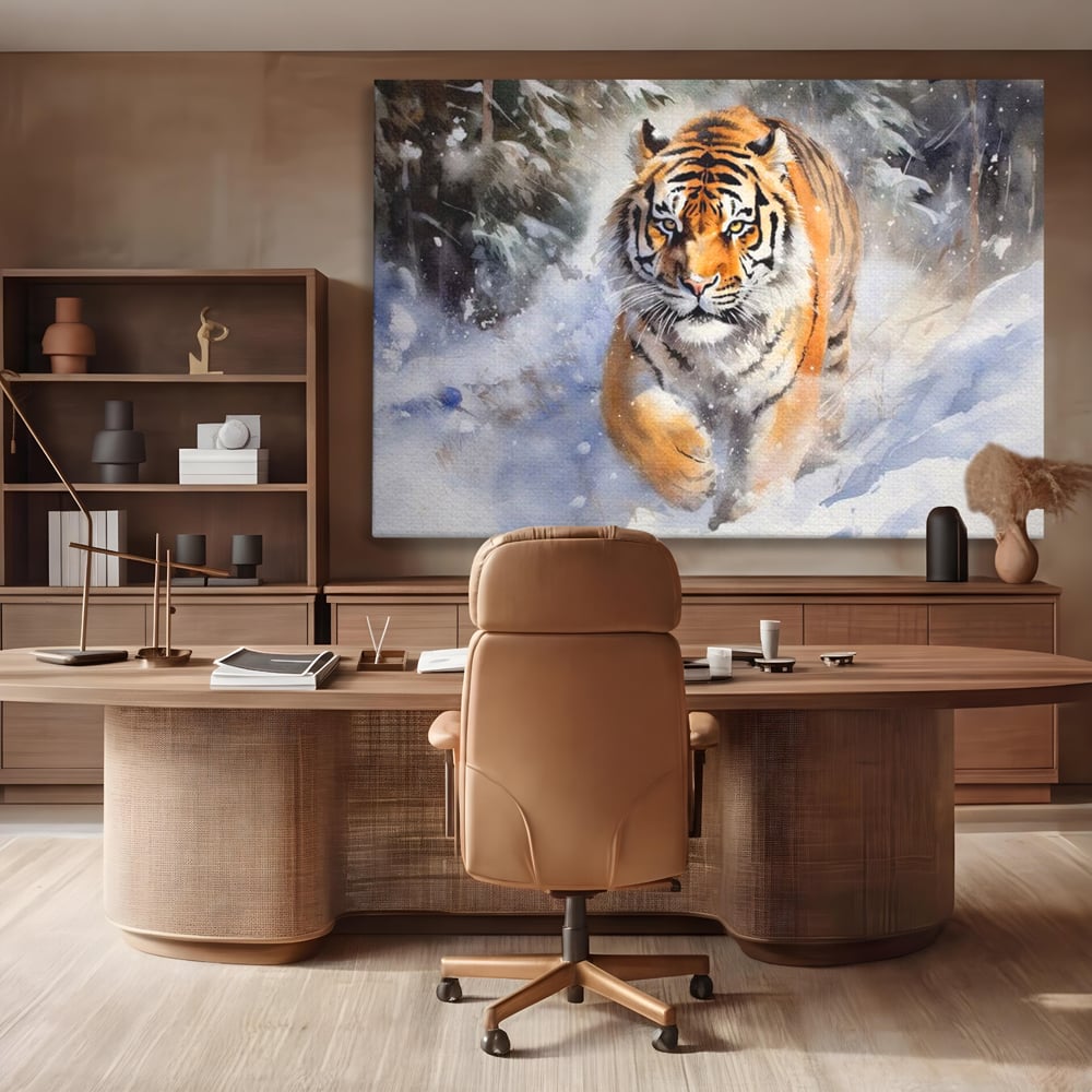 Tablou Canvas Premium, LuxCanva® M1436, Regele Furtunii de Zapada, Tigru, Iarna, Zapada, Viscol, Stanci, Salbaticie, Vanatoare, Arctic, Dinamic, Birou, Living, Camera Copil