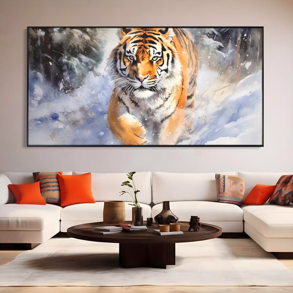 Tablou Canvas Premium, LuxCanva® M1436, Regele Furtunii de Zapada, Tigru, Iarna, Zapada, Viscol, Stanci, Salbaticie, Vanatoare, Arctic, Dinamic, Birou, Living, Camera Copil