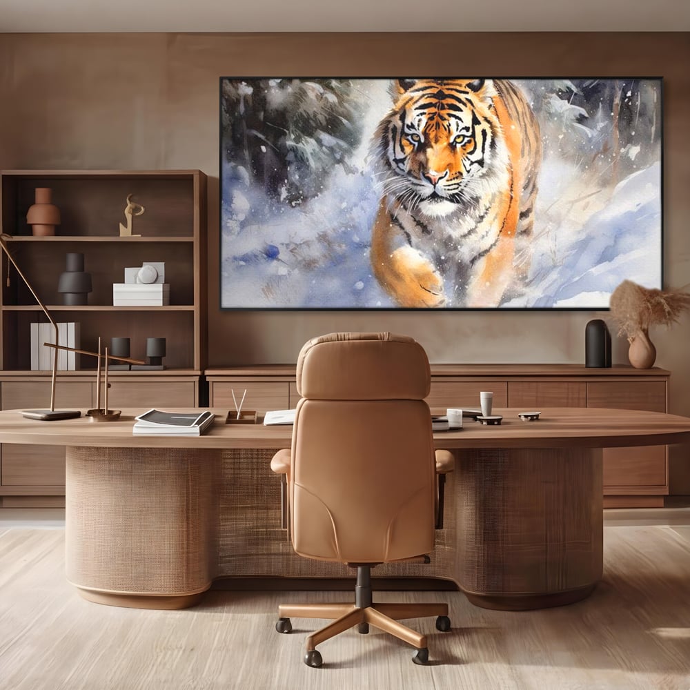 Tablou Canvas Premium, LuxCanva® M1436, Regele Furtunii de Zapada, Tigru, Iarna, Zapada, Viscol, Stanci, Salbaticie, Vanatoare, Arctic, Dinamic, Birou, Living, Camera Copil
