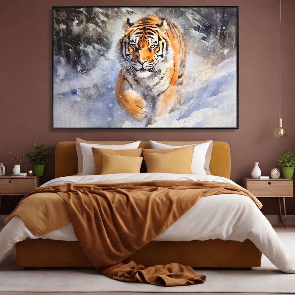 Tablou Canvas Premium, LuxCanva® M1436, Regele Furtunii de Zapada, Tigru, Iarna, Zapada, Viscol, Stanci, Salbaticie, Vanatoare, Arctic, Dinamic, Birou, Living, Camera Copil