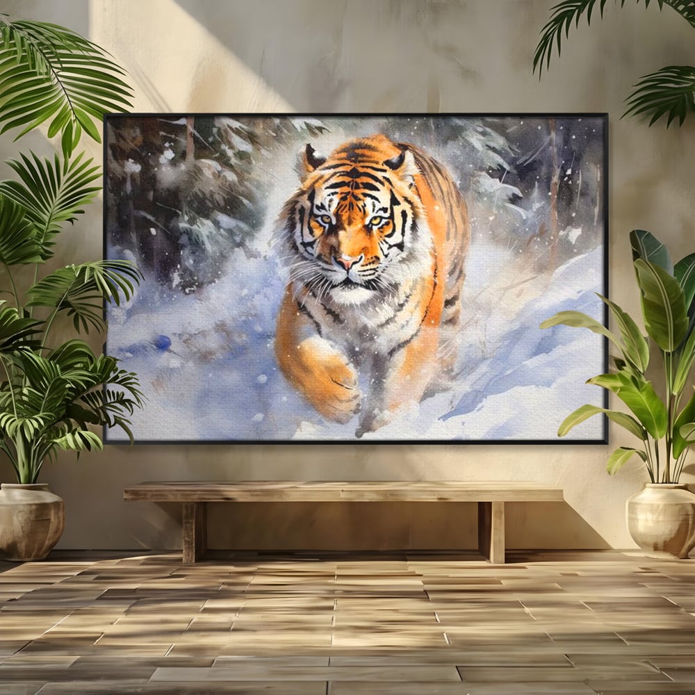 Tablou Canvas Premium, LuxCanva® M1436, Regele Furtunii de Zapada, Tigru, Iarna, Zapada, Viscol, Stanci, Salbaticie, Vanatoare, Arctic, Dinamic, Birou, Living, Camera Copil