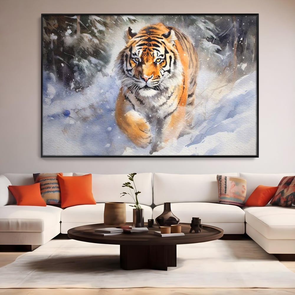 Tablou Canvas Premium, LuxCanva® M1436, Regele Furtunii de Zapada, Tigru, Iarna, Zapada, Viscol, Stanci, Salbaticie, Vanatoare, Arctic, Dinamic, Birou, Living, Camera Copil