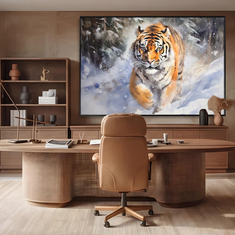Tablou Canvas Premium, LuxCanva® M1436, Regele Furtunii de Zapada, Tigru, Iarna, Zapada, Viscol, Stanci, Salbaticie, Vanatoare, Arctic, Dinamic, Birou, Living, Camera Copil
