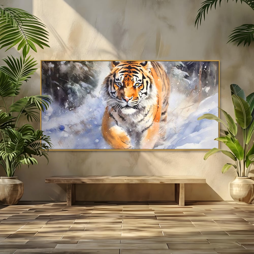 Tablou Canvas Premium, LuxCanva® M1436, Regele Furtunii de Zapada, Tigru, Iarna, Zapada, Viscol, Stanci, Salbaticie, Vanatoare, Arctic, Dinamic, Birou, Living, Camera Copil