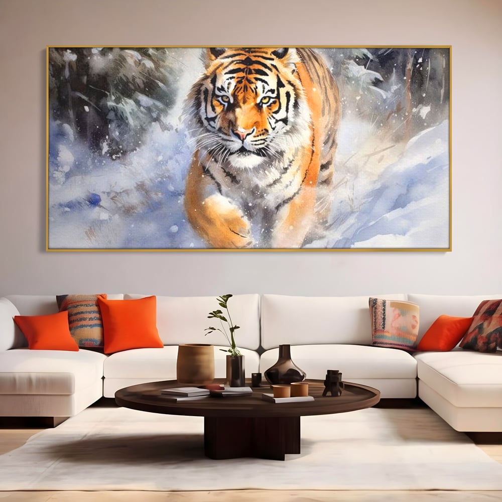 Tablou Canvas Premium, LuxCanva® M1436, Regele Furtunii de Zapada, Tigru, Iarna, Zapada, Viscol, Stanci, Salbaticie, Vanatoare, Arctic, Dinamic, Birou, Living, Camera Copil