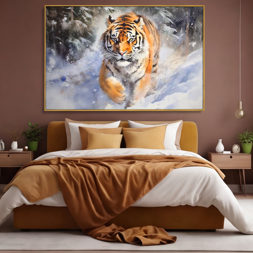 Tablou Canvas Premium, LuxCanva® M1436, Regele Furtunii de Zapada, Tigru, Iarna, Zapada, Viscol, Stanci, Salbaticie, Vanatoare, Arctic, Dinamic, Birou, Living, Camera Copil