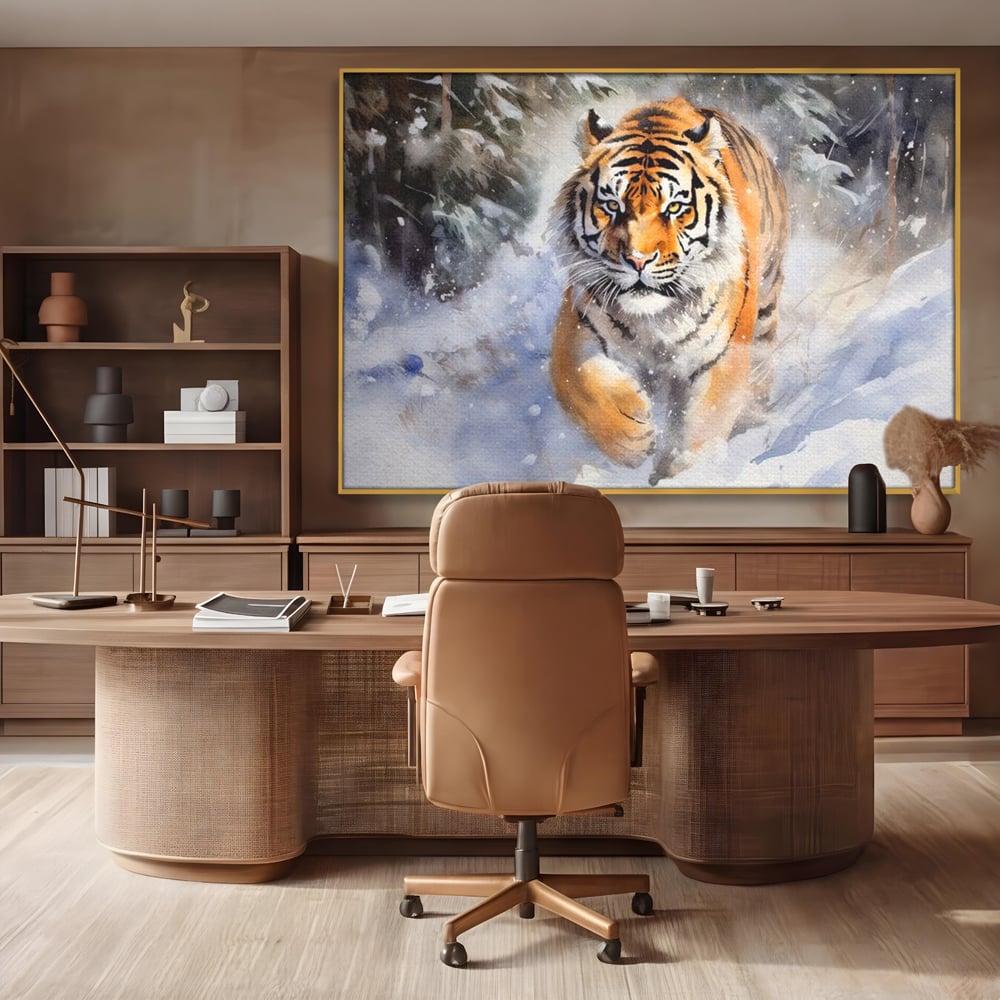 Tablou Canvas Premium, LuxCanva® M1436, Regele Furtunii de Zapada, Tigru, Iarna, Zapada, Viscol, Stanci, Salbaticie, Vanatoare, Arctic, Dinamic, Birou, Living, Camera Copil