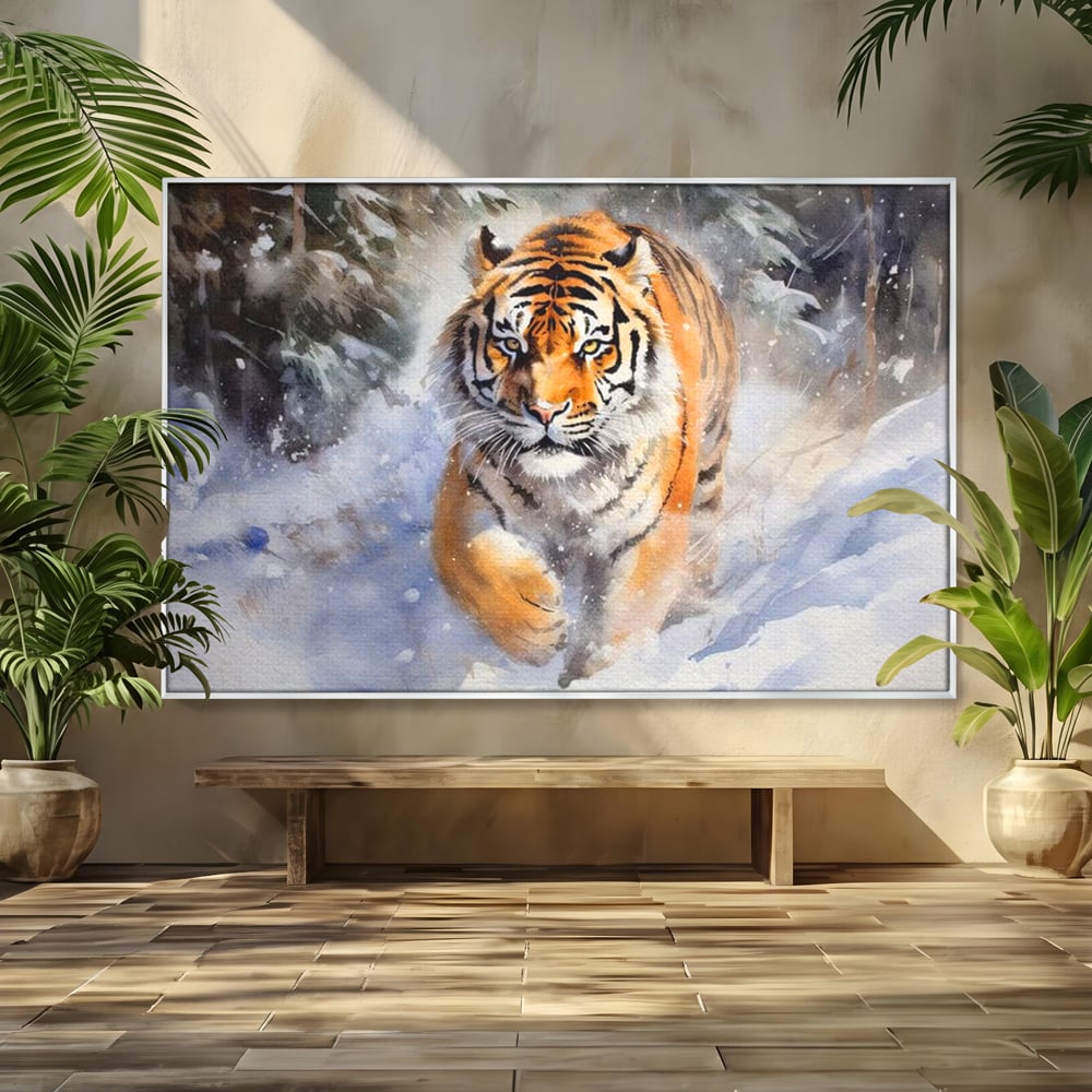 Tablou Canvas Premium, LuxCanva® M1436, Regele Furtunii de Zapada, Tigru, Iarna, Zapada, Viscol, Stanci, Salbaticie, Vanatoare, Arctic, Dinamic, Birou, Living, Camera Copil