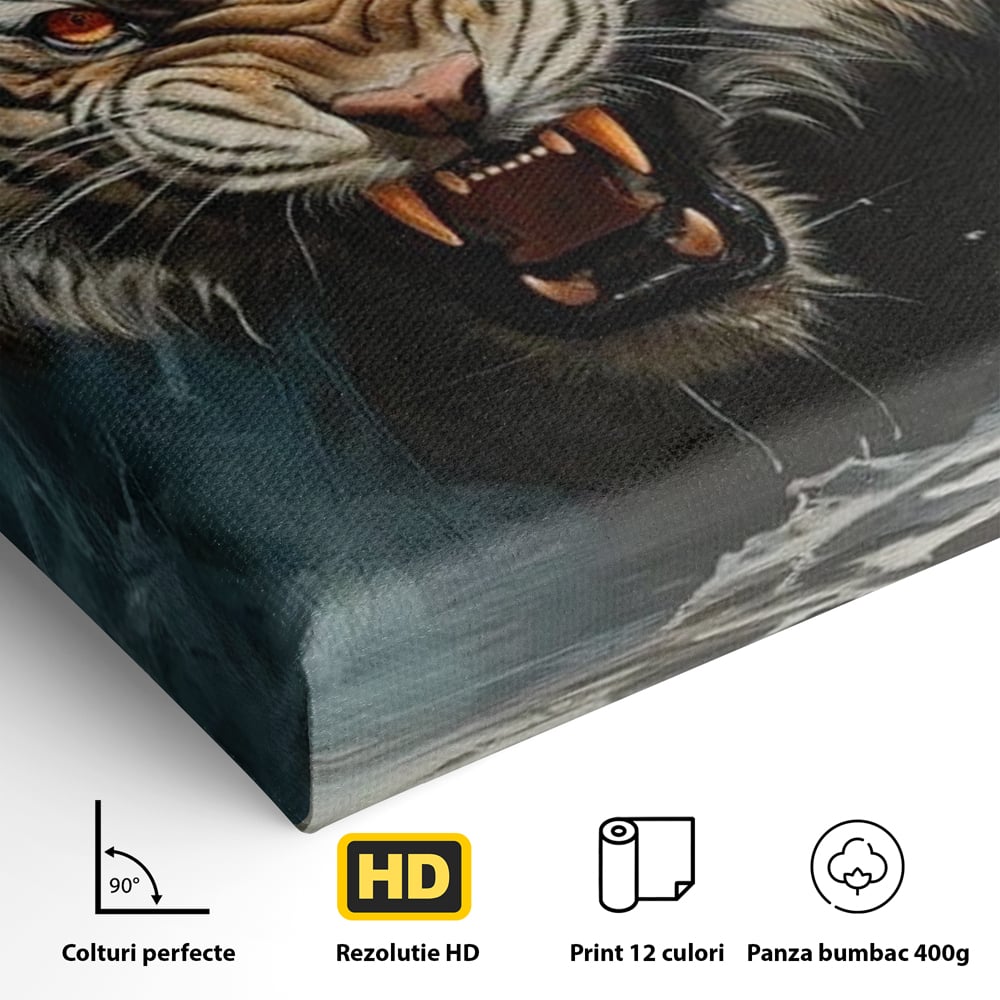 Tablou Canvas Premium, LuxCanva® M1437, Mania Naturii, Furios, Puternic, Intunecat, Atac, Raget, Colti, Tigru, Fiara, Felina, Salbatic, Birou, Living, Camera Copil