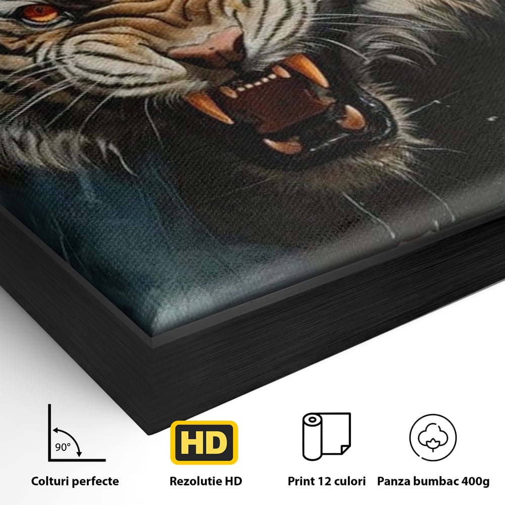 Tablou Canvas Premium, LuxCanva® M1437, Mania Naturii, Furios, Puternic, Intunecat, Atac, Raget, Colti, Tigru, Fiara, Felina, Salbatic, Birou, Living, Camera Copil