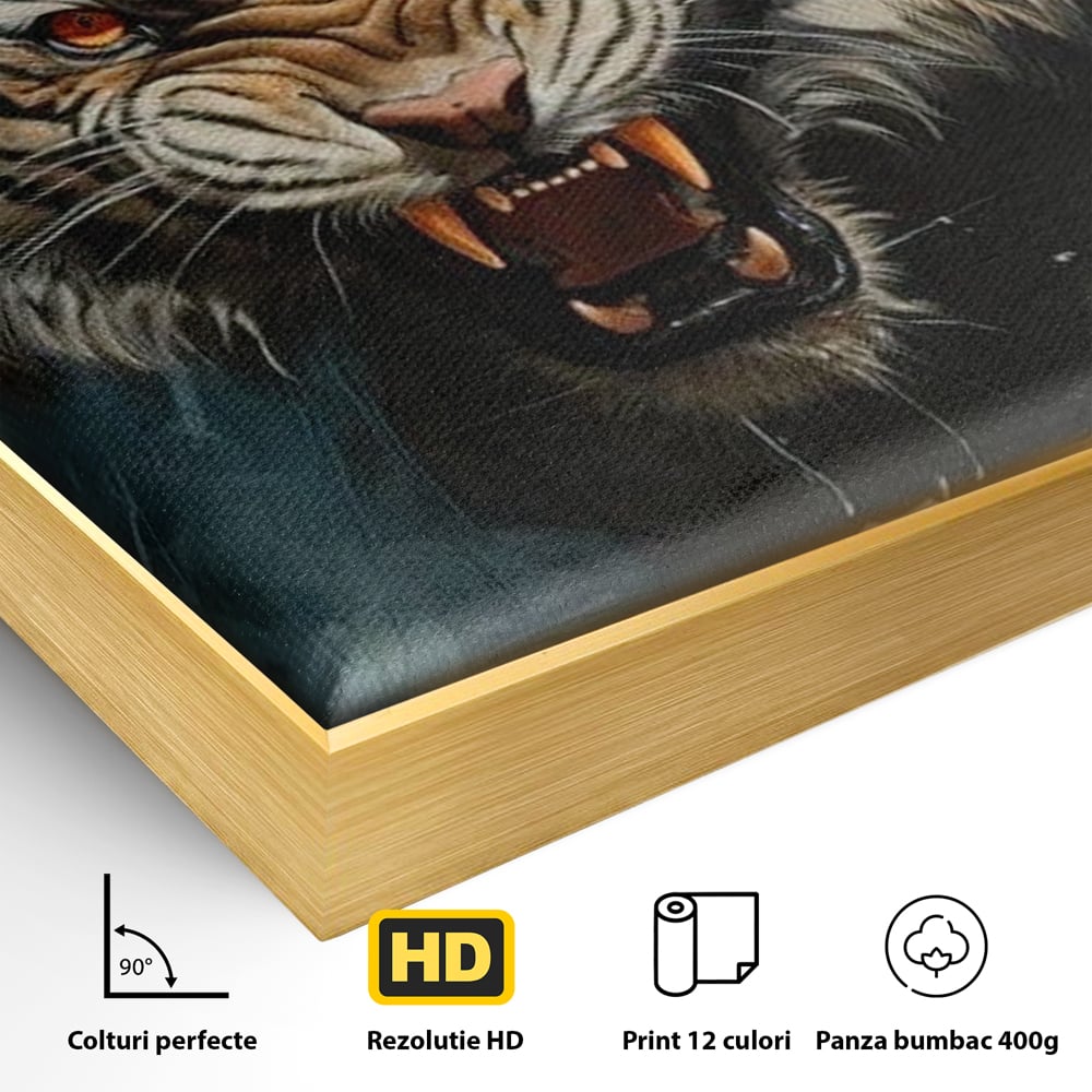 Tablou Canvas Premium, LuxCanva® M1437, Mania Naturii, Furios, Puternic, Intunecat, Atac, Raget, Colti, Tigru, Fiara, Felina, Salbatic, Birou, Living, Camera Copil