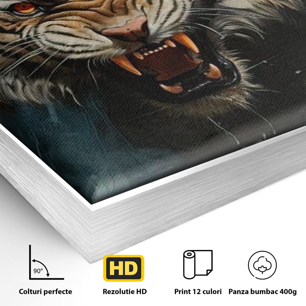 Tablou Canvas Premium, LuxCanva® M1437, Mania Naturii, Furios, Puternic, Intunecat, Atac, Raget, Colti, Tigru, Fiara, Felina, Salbatic, Birou, Living, Camera Copil