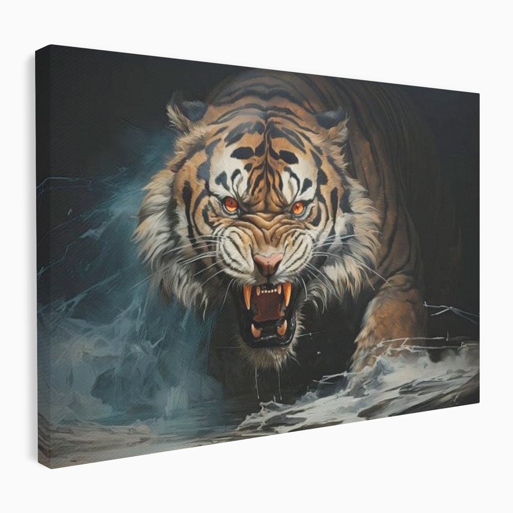 Tablou Canvas Premium, LuxCanva® M1437, Mania Naturii, Furios, Puternic, Intunecat, Atac, Raget, Colti, Tigru, Fiara, Felina, Salbatic, Birou, Living, Camera Copil