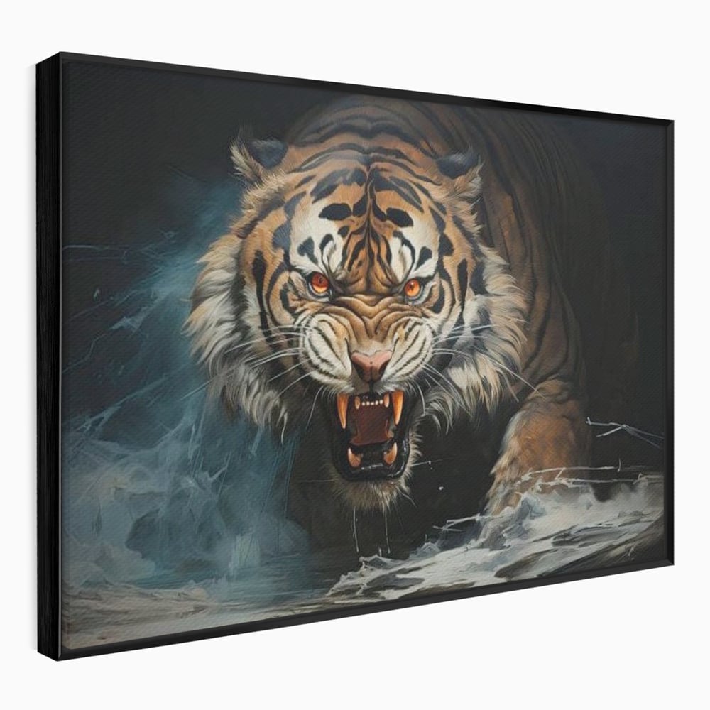 Tablou Canvas Premium, LuxCanva® M1437, Mania Naturii, Furios, Puternic, Intunecat, Atac, Raget, Colti, Tigru, Fiara, Felina, Salbatic, Birou, Living, Camera Copil