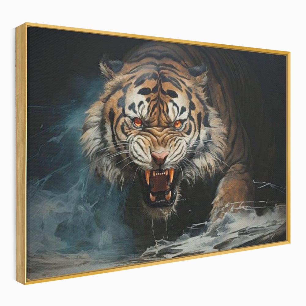 Tablou Canvas Premium, LuxCanva® M1437, Mania Naturii, Furios, Puternic, Intunecat, Atac, Raget, Colti, Tigru, Fiara, Felina, Salbatic, Birou, Living, Camera Copil