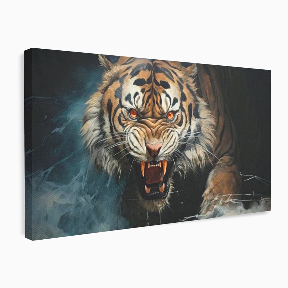 Tablou Canvas Premium, LuxCanva® M1437, Mania Naturii, Furios, Puternic, Intunecat, Atac, Raget, Colti, Tigru, Fiara, Felina, Salbatic, Birou, Living, Camera Copil