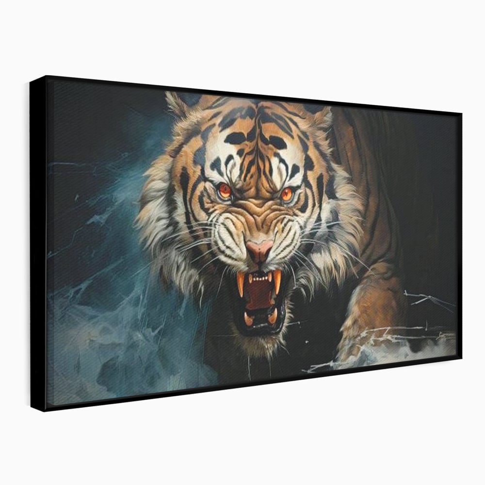 Tablou Canvas Premium, LuxCanva® M1437, Mania Naturii, Furios, Puternic, Intunecat, Atac, Raget, Colti, Tigru, Fiara, Felina, Salbatic, Birou, Living, Camera Copil