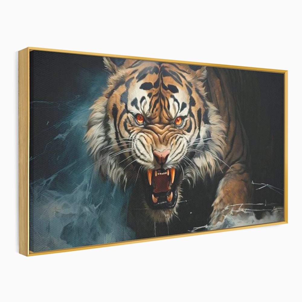 Tablou Canvas Premium, LuxCanva® M1437, Mania Naturii, Furios, Puternic, Intunecat, Atac, Raget, Colti, Tigru, Fiara, Felina, Salbatic, Birou, Living, Camera Copil