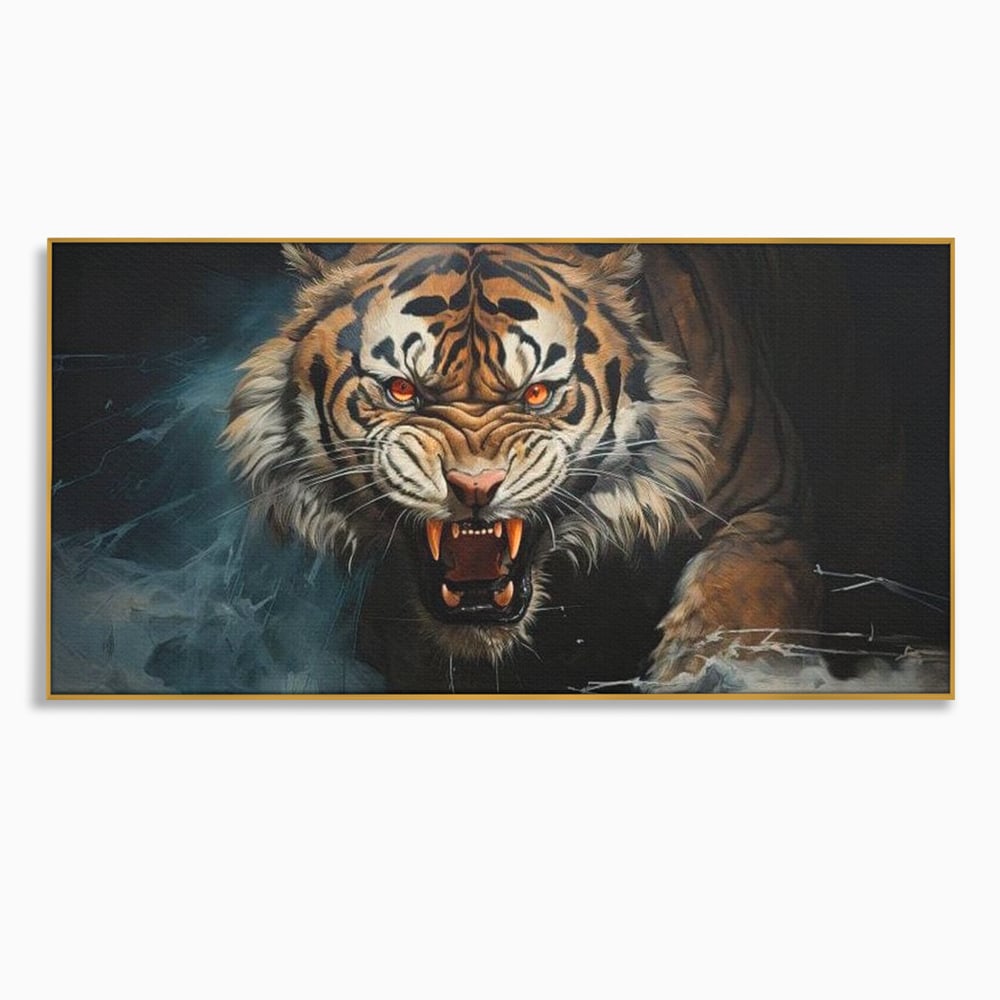 Tablou Canvas Premium, LuxCanva® M1437, Mania Naturii, Furios, Puternic, Intunecat, Atac, Raget, Colti, Tigru, Fiara, Felina, Salbatic, Birou, Living, Camera Copil