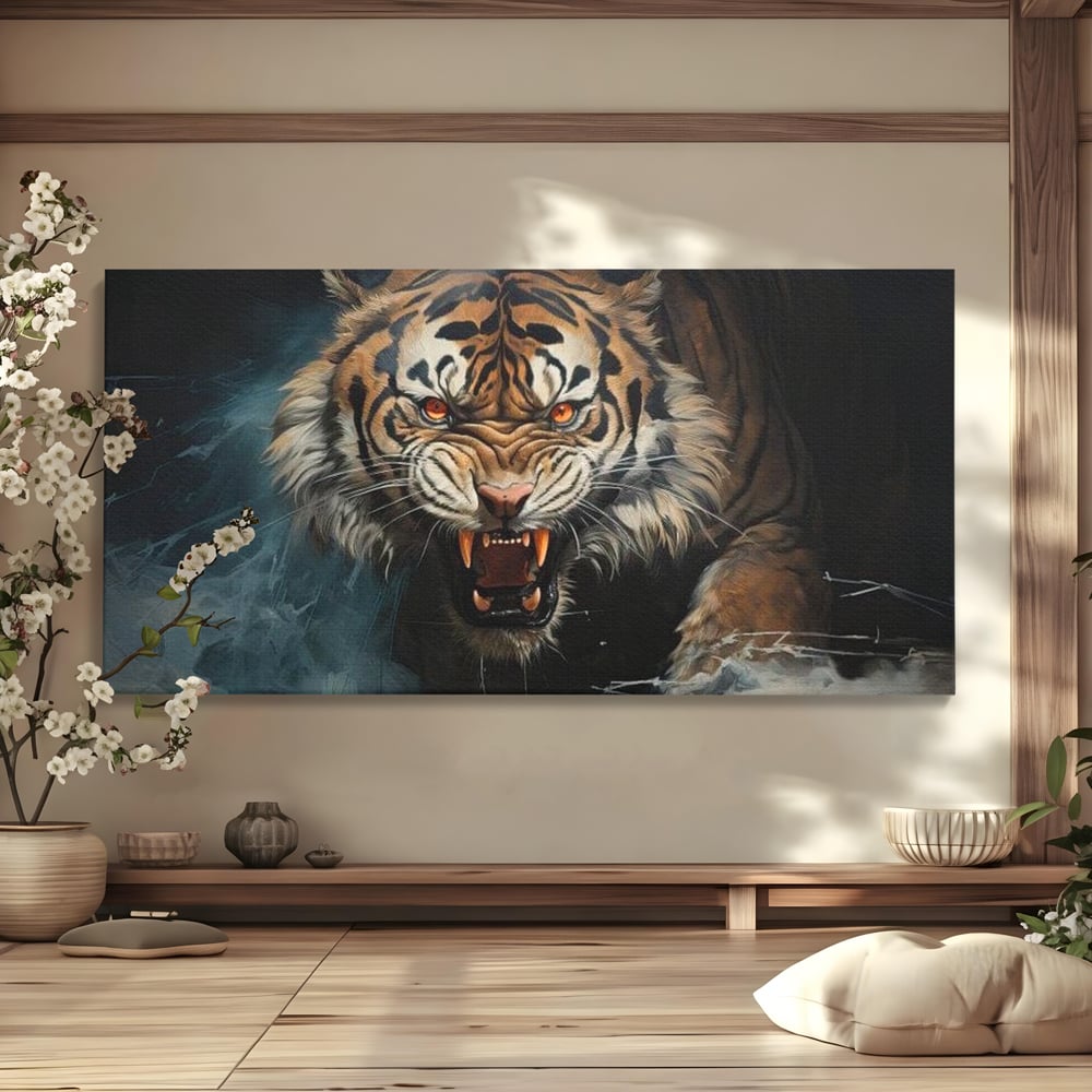 Tablou Canvas Premium, LuxCanva® M1437, Mania Naturii, Furios, Puternic, Intunecat, Atac, Raget, Colti, Tigru, Fiara, Felina, Salbatic, Birou, Living, Camera Copil