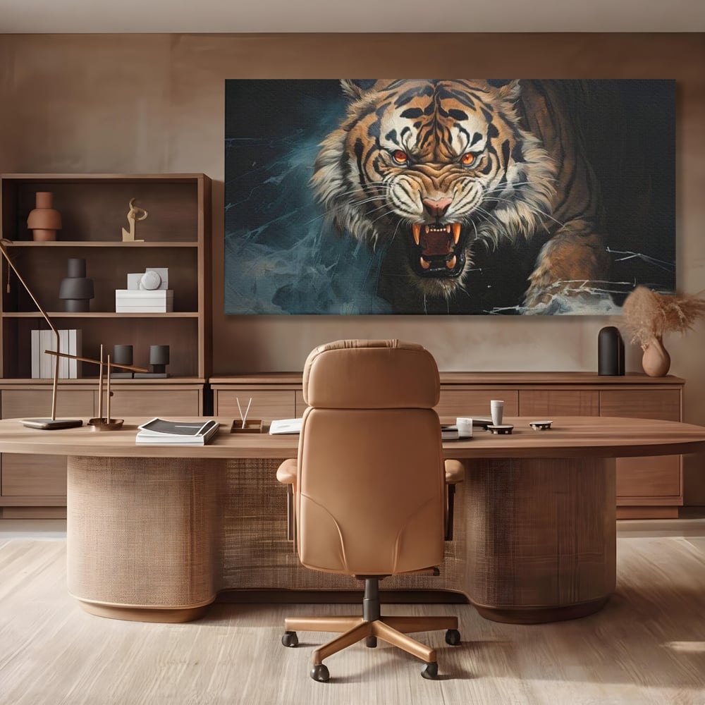 Tablou Canvas Premium, LuxCanva® M1437, Mania Naturii, Furios, Puternic, Intunecat, Atac, Raget, Colti, Tigru, Fiara, Felina, Salbatic, Birou, Living, Camera Copil