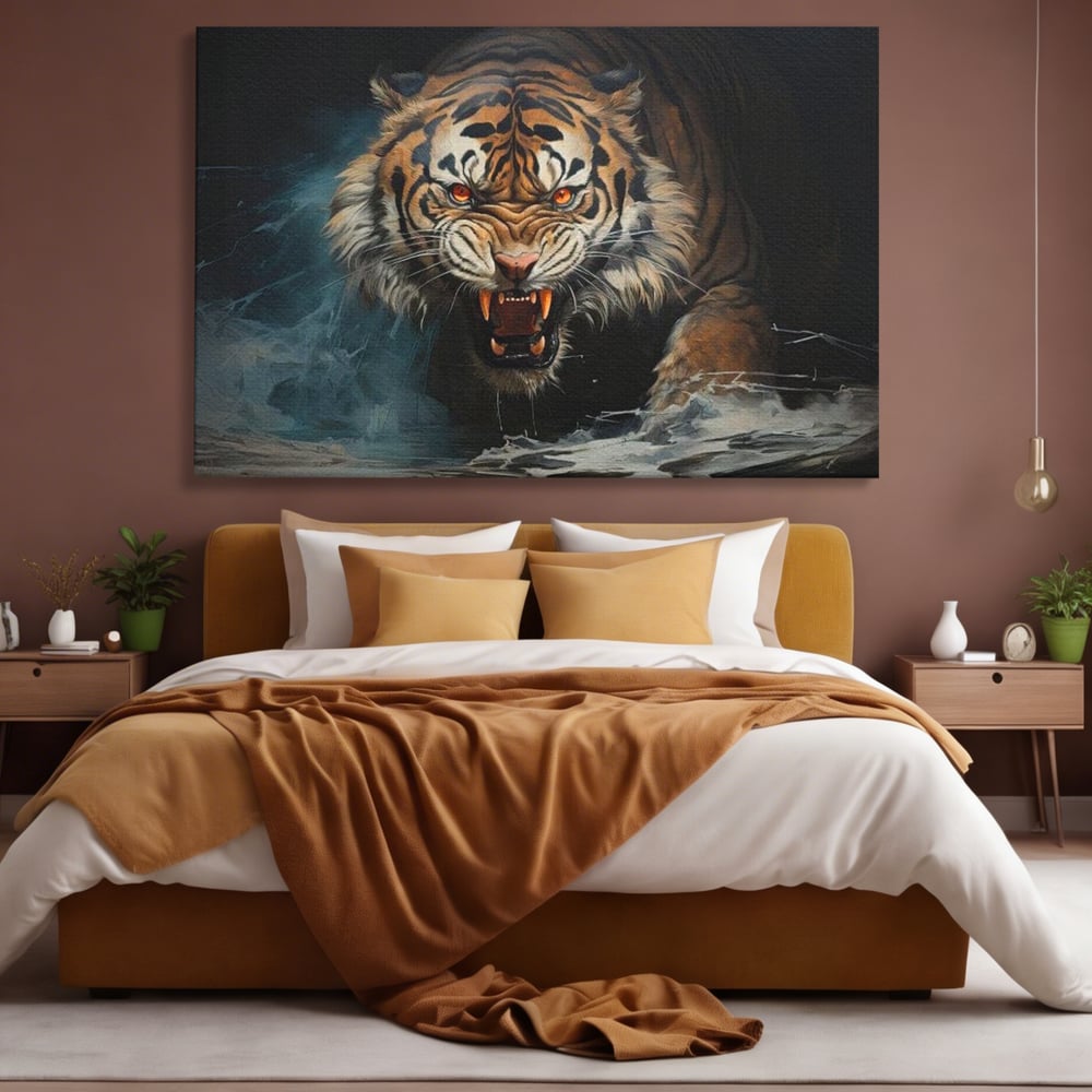 Tablou Canvas Premium, LuxCanva® M1437, Mania Naturii, Furios, Puternic, Intunecat, Atac, Raget, Colti, Tigru, Fiara, Felina, Salbatic, Birou, Living, Camera Copil
