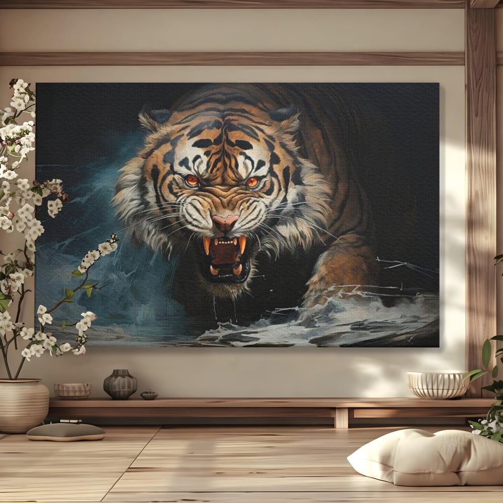 Tablou Canvas Premium, LuxCanva® M1437, Mania Naturii, Furios, Puternic, Intunecat, Atac, Raget, Colti, Tigru, Fiara, Felina, Salbatic, Birou, Living, Camera Copil