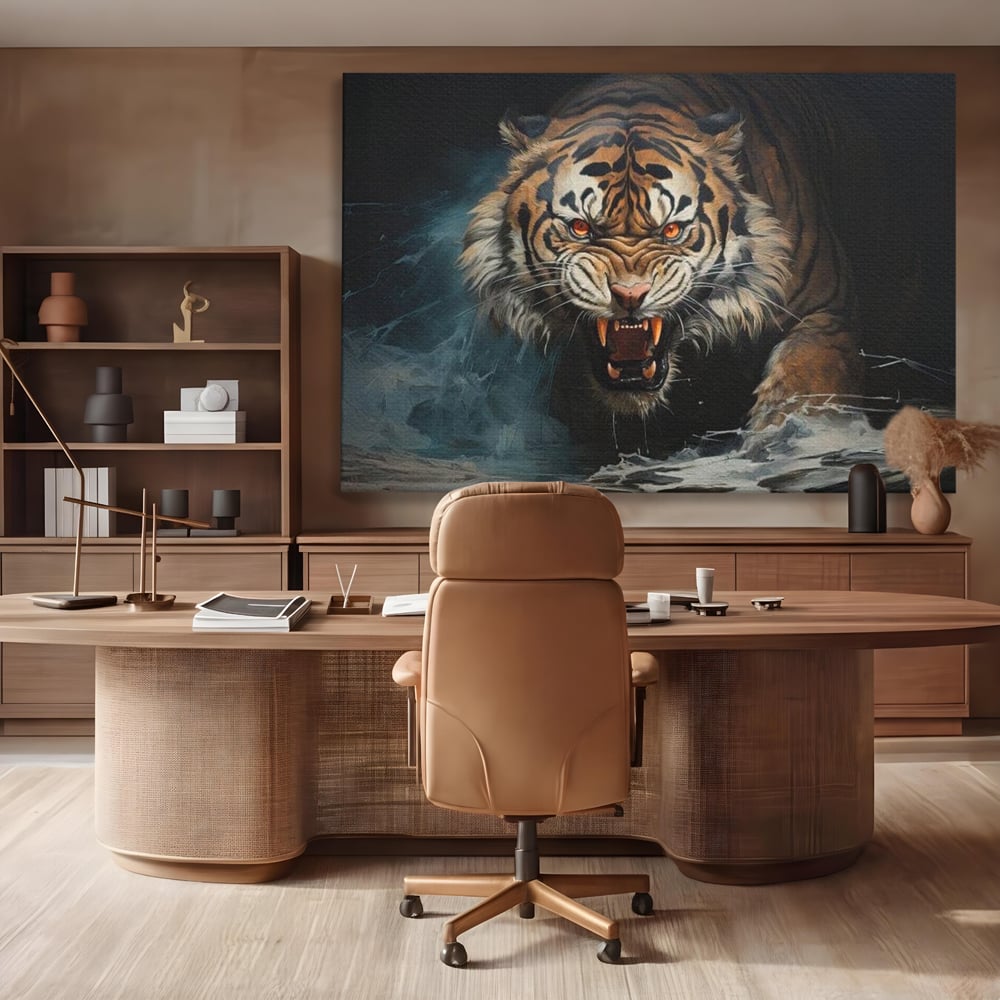 Tablou Canvas Premium, LuxCanva® M1437, Mania Naturii, Furios, Puternic, Intunecat, Atac, Raget, Colti, Tigru, Fiara, Felina, Salbatic, Birou, Living, Camera Copil