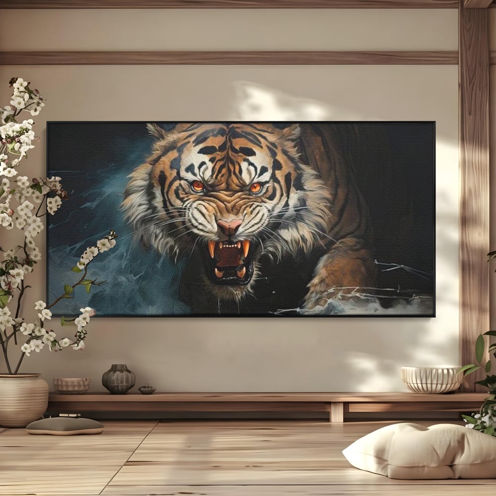 Tablou Canvas Premium, LuxCanva® M1437, Mania Naturii, Furios, Puternic, Intunecat, Atac, Raget, Colti, Tigru, Fiara, Felina, Salbatic, Birou, Living, Camera Copil