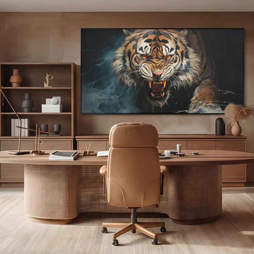 Tablou Canvas Premium, LuxCanva® M1437, Mania Naturii, Furios, Puternic, Intunecat, Atac, Raget, Colti, Tigru, Fiara, Felina, Salbatic, Birou, Living, Camera Copil