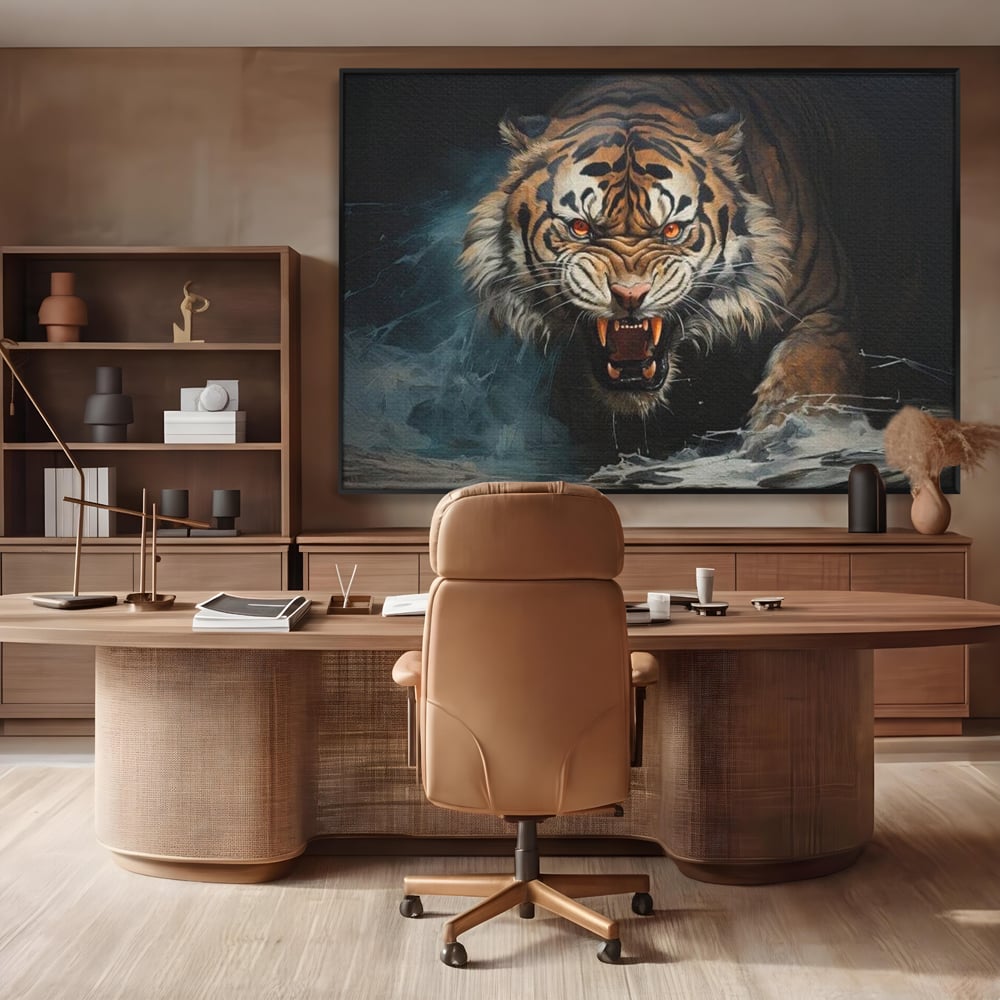 Tablou Canvas Premium, LuxCanva® M1437, Mania Naturii, Furios, Puternic, Intunecat, Atac, Raget, Colti, Tigru, Fiara, Felina, Salbatic, Birou, Living, Camera Copil
