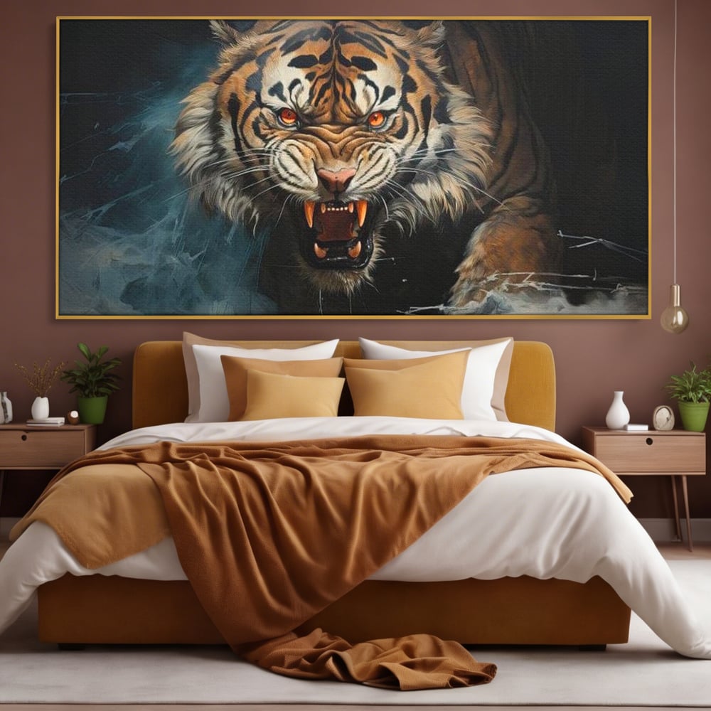 Tablou Canvas Premium, LuxCanva® M1437, Mania Naturii, Furios, Puternic, Intunecat, Atac, Raget, Colti, Tigru, Fiara, Felina, Salbatic, Birou, Living, Camera Copil
