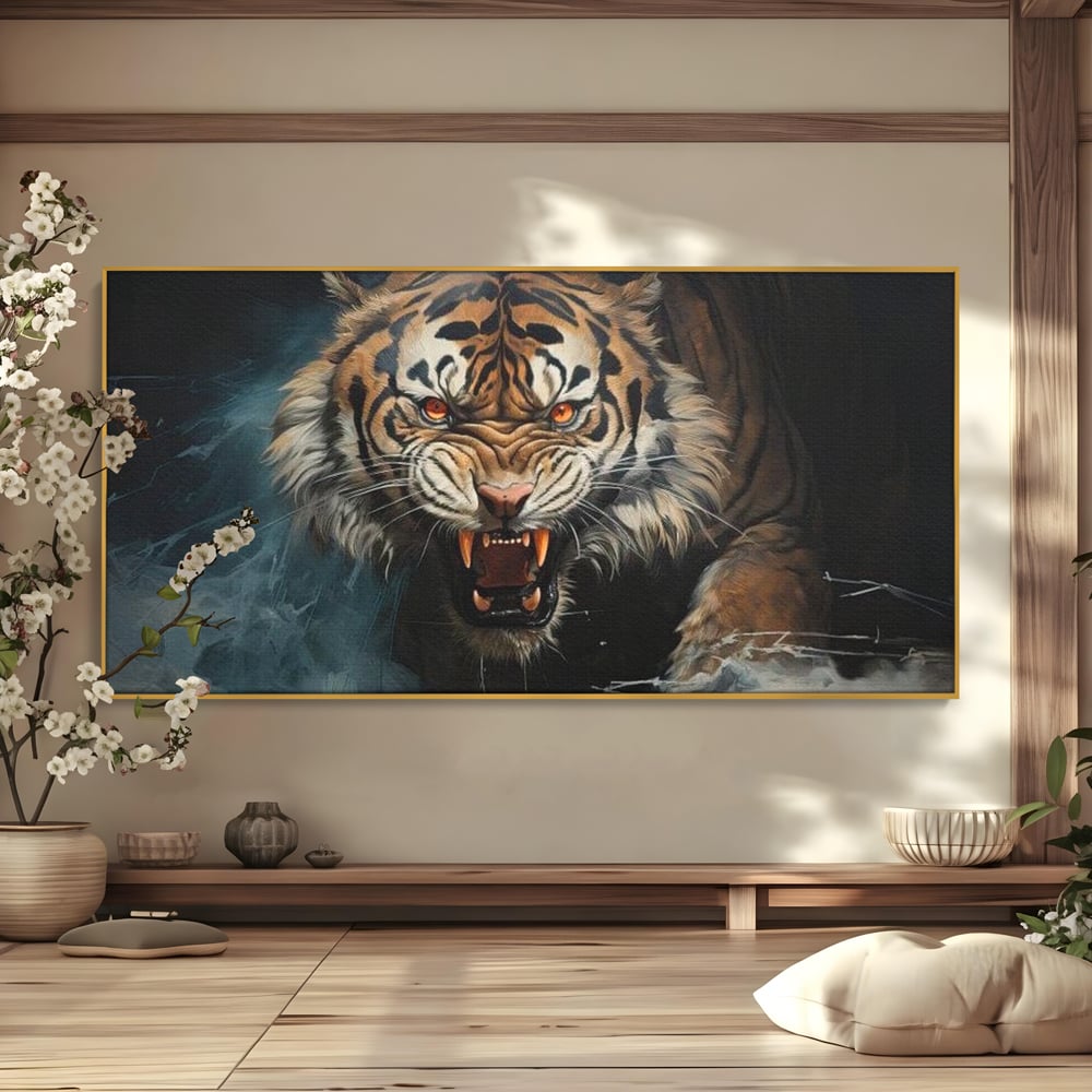 Tablou Canvas Premium, LuxCanva® M1437, Mania Naturii, Furios, Puternic, Intunecat, Atac, Raget, Colti, Tigru, Fiara, Felina, Salbatic, Birou, Living, Camera Copil