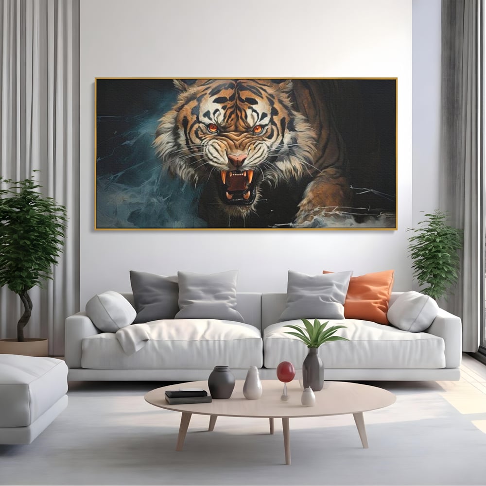 Tablou Canvas Premium, LuxCanva® M1437, Mania Naturii, Furios, Puternic, Intunecat, Atac, Raget, Colti, Tigru, Fiara, Felina, Salbatic, Birou, Living, Camera Copil
