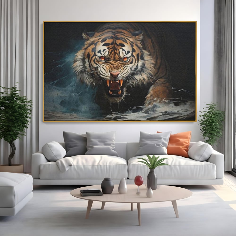 Tablou Canvas Premium, LuxCanva® M1437, Mania Naturii, Furios, Puternic, Intunecat, Atac, Raget, Colti, Tigru, Fiara, Felina, Salbatic, Birou, Living, Camera Copil