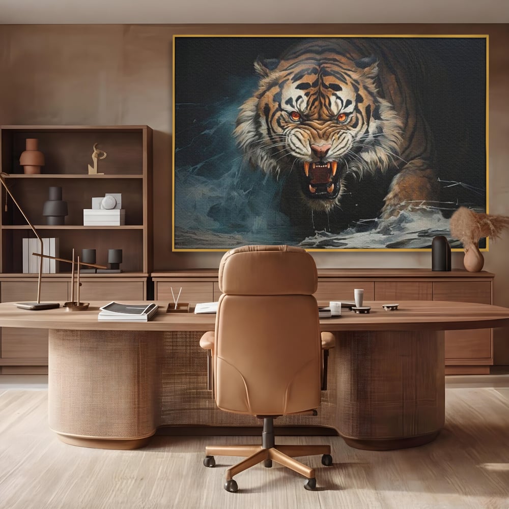 Tablou Canvas Premium, LuxCanva® M1437, Mania Naturii, Furios, Puternic, Intunecat, Atac, Raget, Colti, Tigru, Fiara, Felina, Salbatic, Birou, Living, Camera Copil