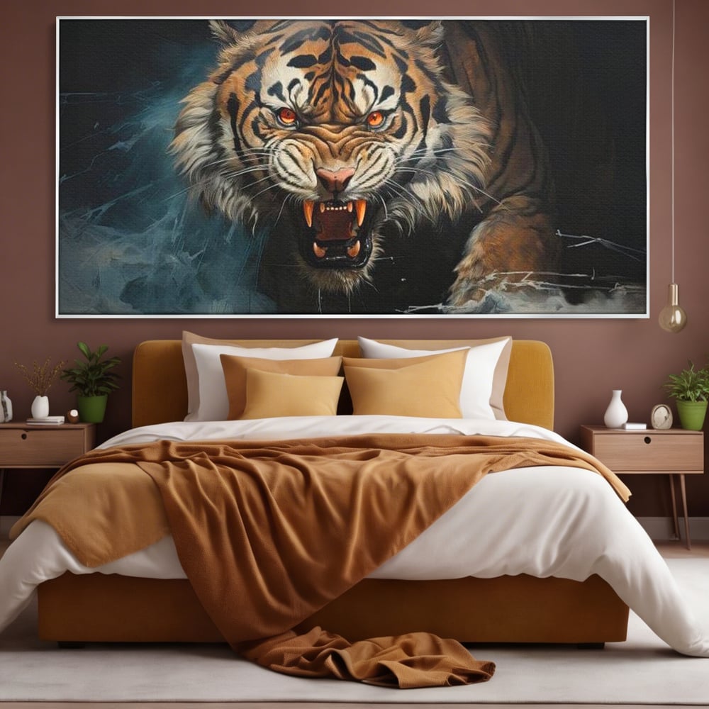 Tablou Canvas Premium, LuxCanva® M1437, Mania Naturii, Furios, Puternic, Intunecat, Atac, Raget, Colti, Tigru, Fiara, Felina, Salbatic, Birou, Living, Camera Copil