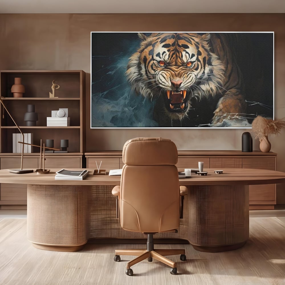 Tablou Canvas Premium, LuxCanva® M1437, Mania Naturii, Furios, Puternic, Intunecat, Atac, Raget, Colti, Tigru, Fiara, Felina, Salbatic, Birou, Living, Camera Copil