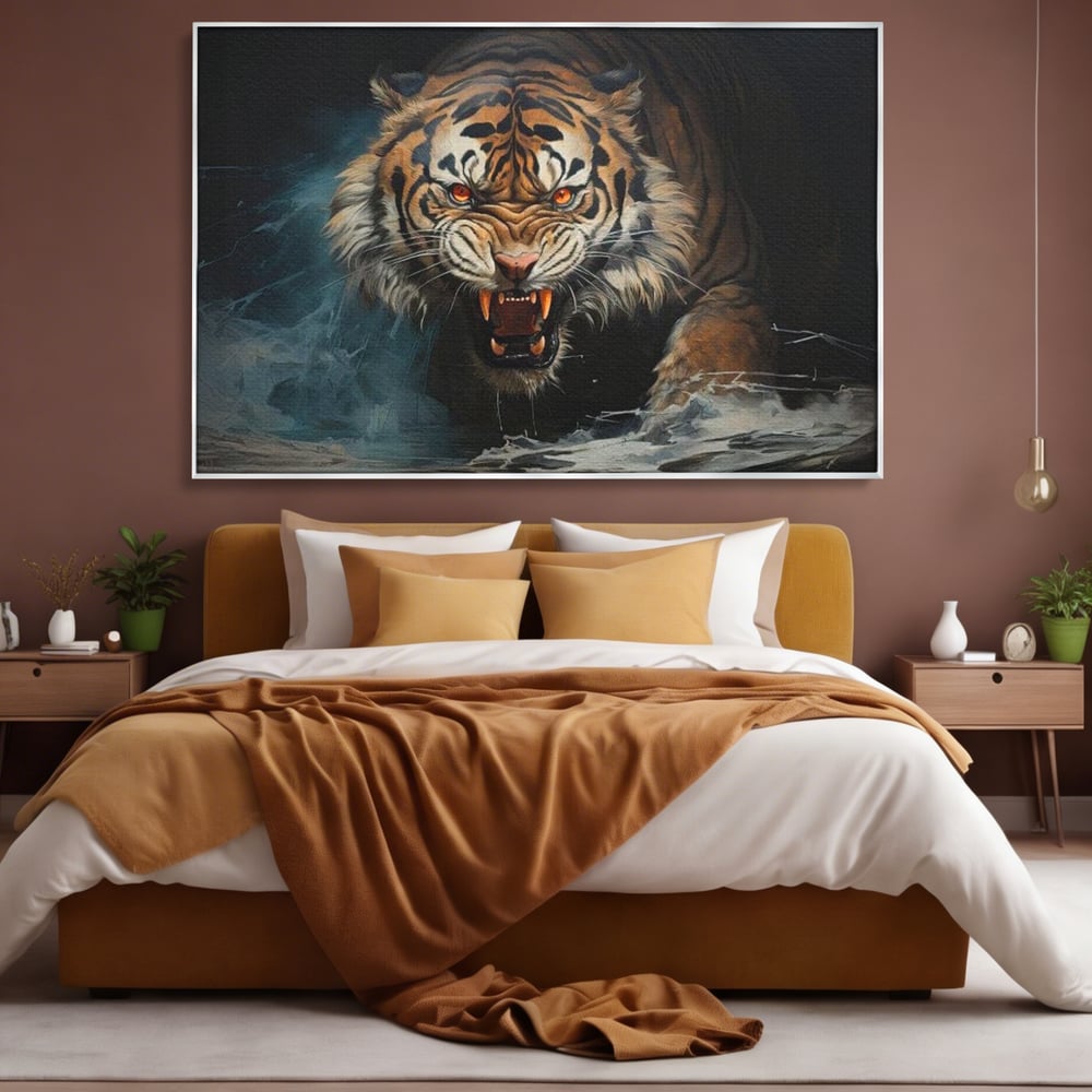 Tablou Canvas Premium, LuxCanva® M1437, Mania Naturii, Furios, Puternic, Intunecat, Atac, Raget, Colti, Tigru, Fiara, Felina, Salbatic, Birou, Living, Camera Copil
