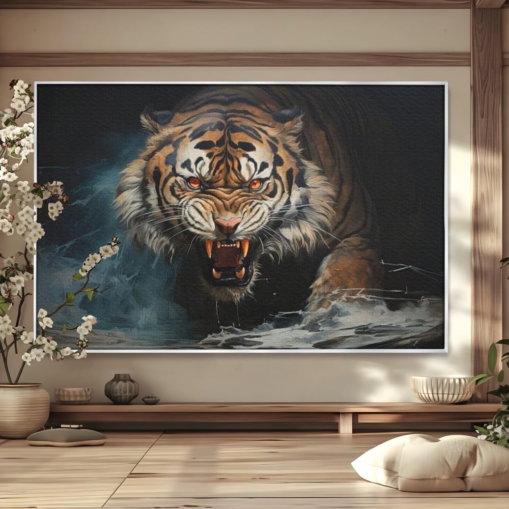 Tablou Canvas Premium, LuxCanva® M1437, Mania Naturii, Furios, Puternic, Intunecat, Atac, Raget, Colti, Tigru, Fiara, Felina, Salbatic, Birou, Living, Camera Copil