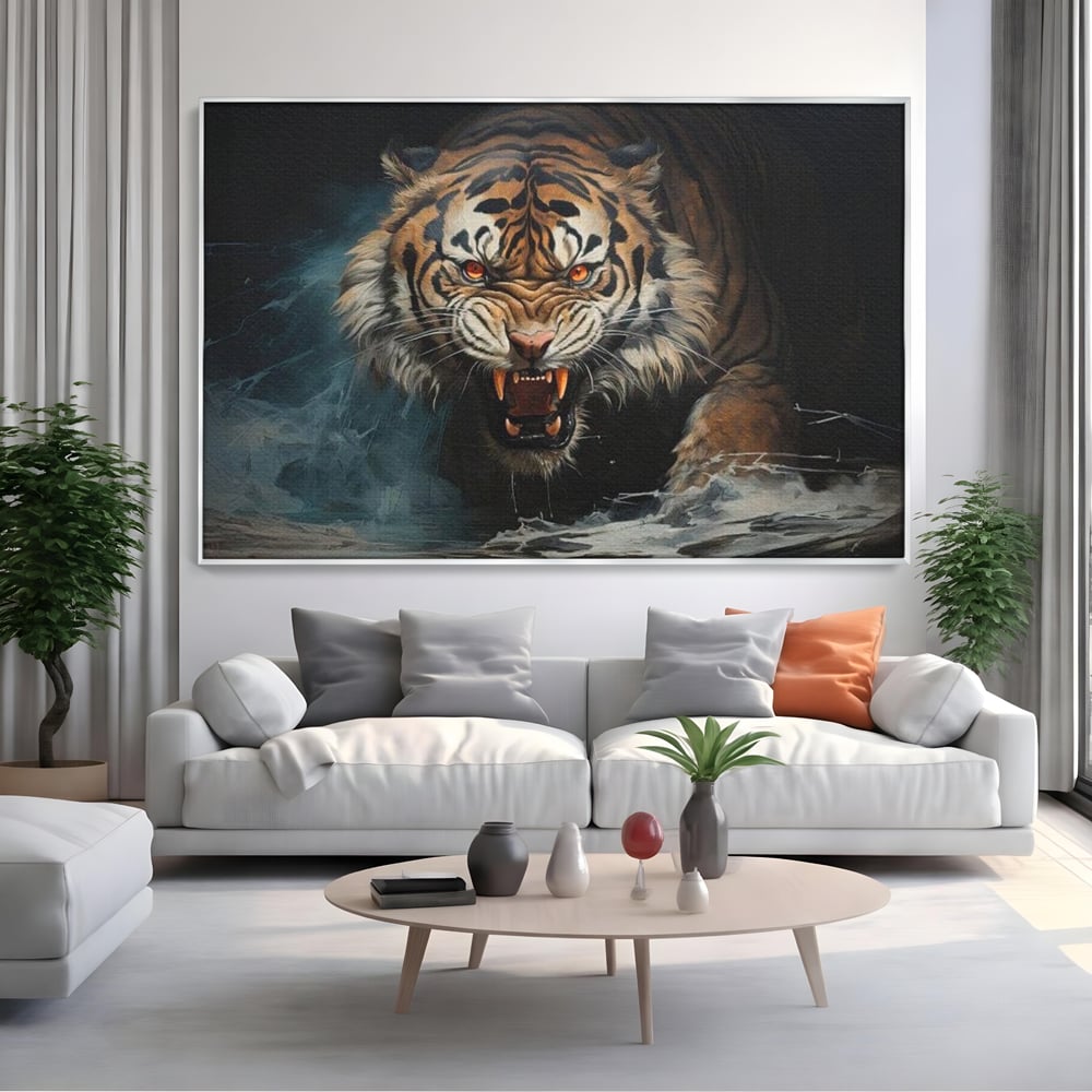 Tablou Canvas Premium, LuxCanva® M1437, Mania Naturii, Furios, Puternic, Intunecat, Atac, Raget, Colti, Tigru, Fiara, Felina, Salbatic, Birou, Living, Camera Copil