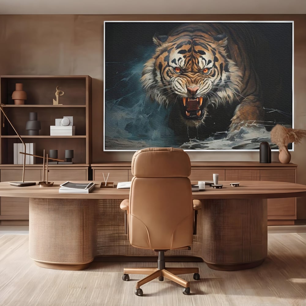 Tablou Canvas Premium, LuxCanva® M1437, Mania Naturii, Furios, Puternic, Intunecat, Atac, Raget, Colti, Tigru, Fiara, Felina, Salbatic, Birou, Living, Camera Copil