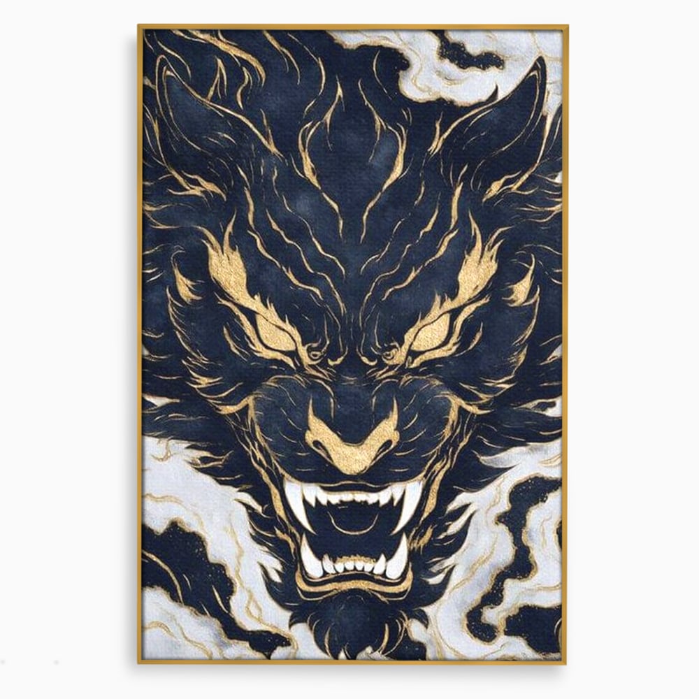 Tablou Canvas Premium, LuxCanva® M1438, Blestem Oriental, Tigru, Abstract, Marmura, Auriu, Colti, Furie, Dragon, Zeu, Legenda, Mit, Bestie, Birou, Living, Camera Copil