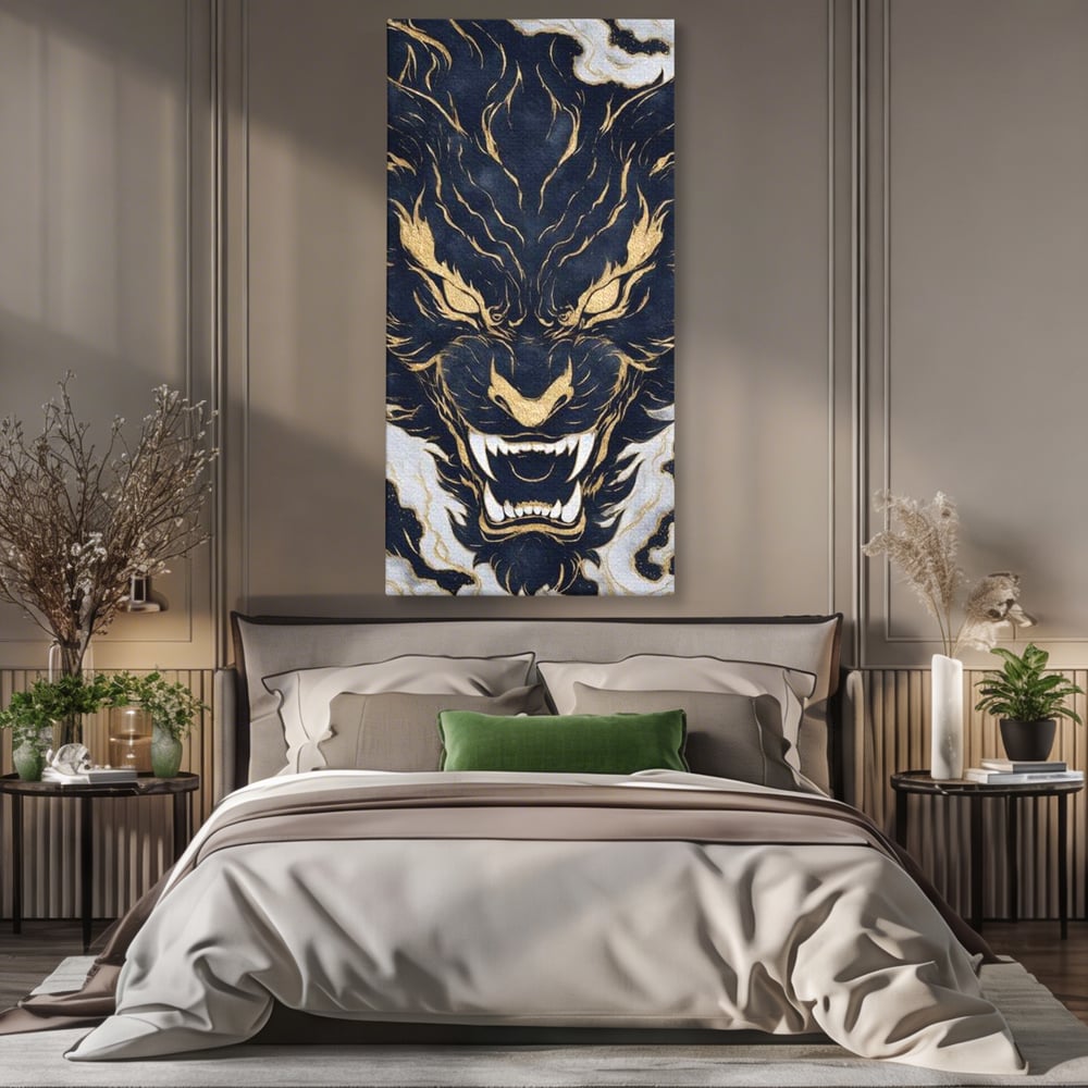 Tablou Canvas Premium, LuxCanva® M1438, Blestem Oriental, Tigru, Abstract, Marmura, Auriu, Colti, Furie, Dragon, Zeu, Legenda, Mit, Bestie, Birou, Living, Camera Copil