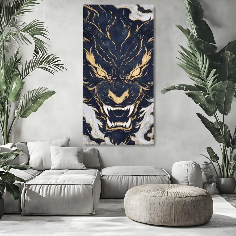 Tablou Canvas Premium, LuxCanva® M1438, Blestem Oriental, Tigru, Abstract, Marmura, Auriu, Colti, Furie, Dragon, Zeu, Legenda, Mit, Bestie, Birou, Living, Camera Copil