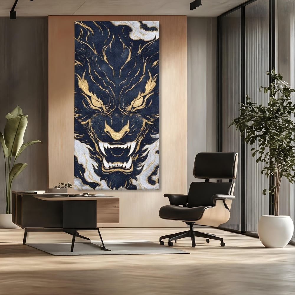 Tablou Canvas Premium, LuxCanva® M1438, Blestem Oriental, Tigru, Abstract, Marmura, Auriu, Colti, Furie, Dragon, Zeu, Legenda, Mit, Bestie, Birou, Living, Camera Copil
